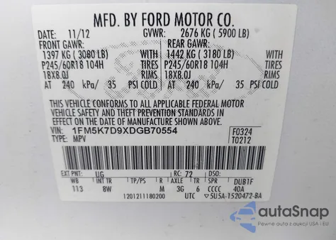 2013 Ford Explorer Xlt из США, поврежденный, VIN 1FM5K7D9XDGB70554